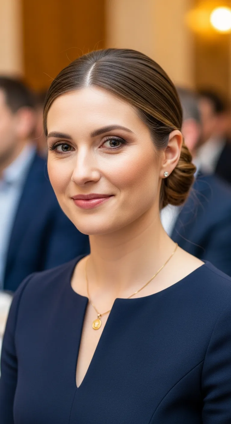 15. Low Bun with a Center Part: Simple and Elegant