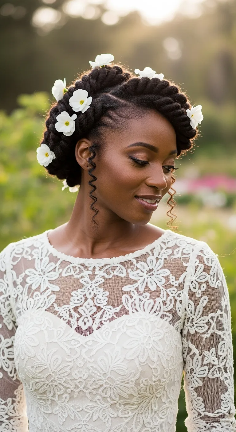 12. Twisted Updo with Floral Accents