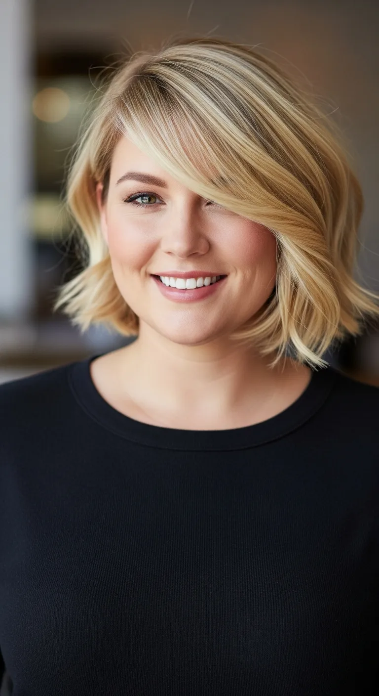 17. The Side-Swept Blonde Bang with a Short Bob