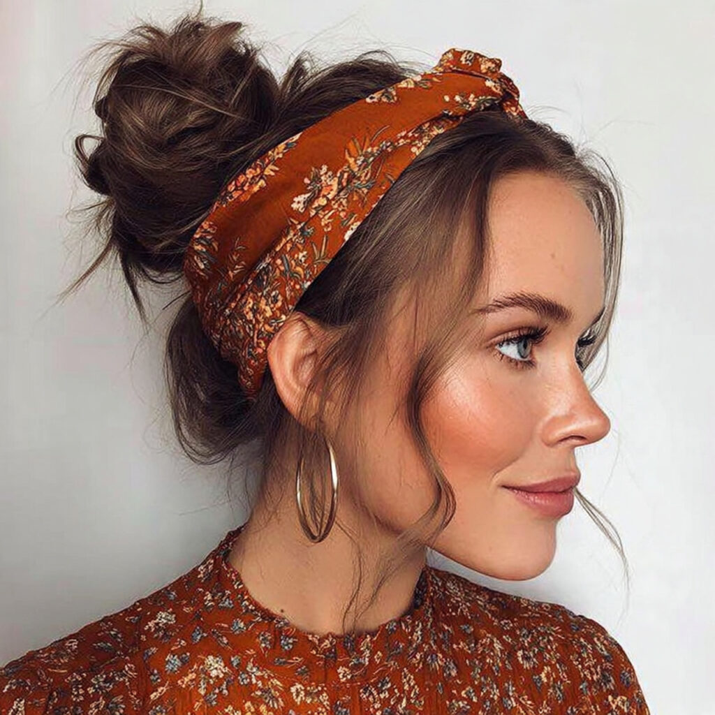 29 Medium Hair Summer Hairstyles That Look Stylish and Lightweight Try This Look Today 22 A Scarf Headband on an Updo