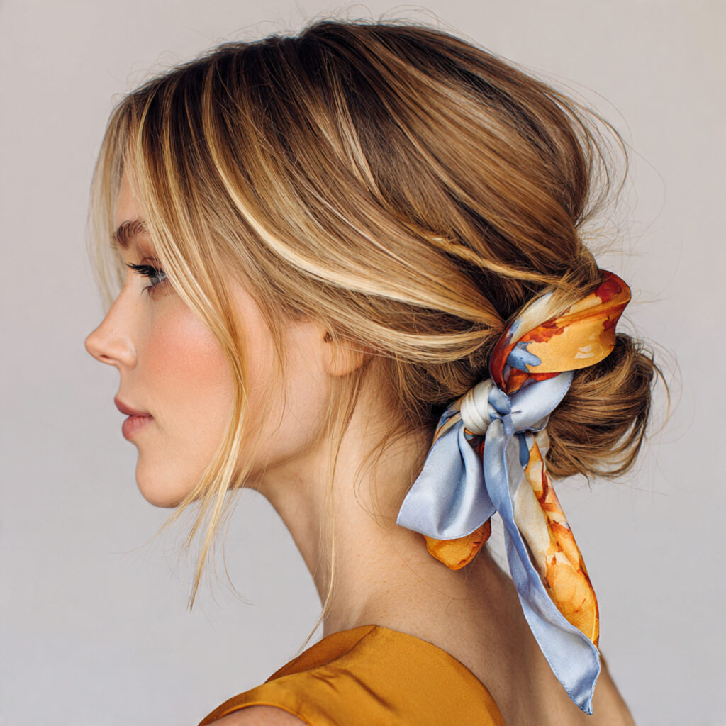 27 Cute Summer Hairstyles That Look Adorable and Effortless Try These Now 4 A Low Bun With a Silk Scarf