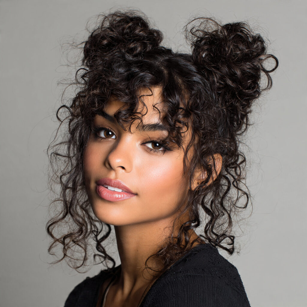 7 space buns with curls curly hair styled in two s 1